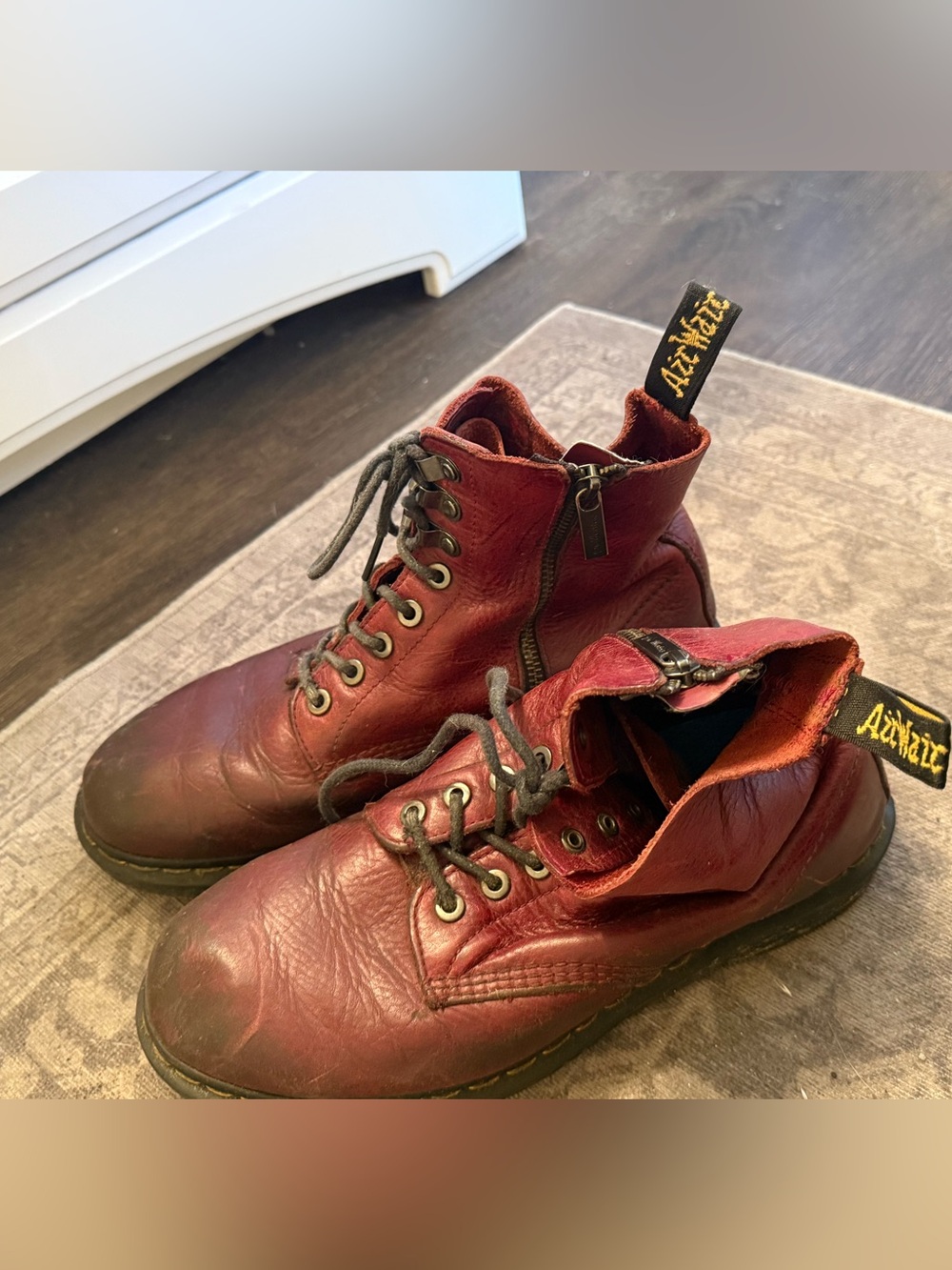 Dr. Martens Men's Burgundy Leather Lace-Up Ankle Boots with Side Zipper